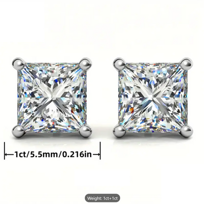 Certified 2Ct Princess Cut Square Moissanite Stud Earrings – 925 Silver for Men & Women with LED Red Heart Ring Box