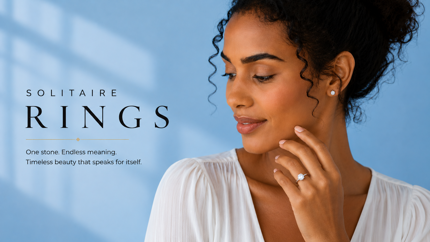 Woman wearing a ring with text about solitaire rings on a blue background