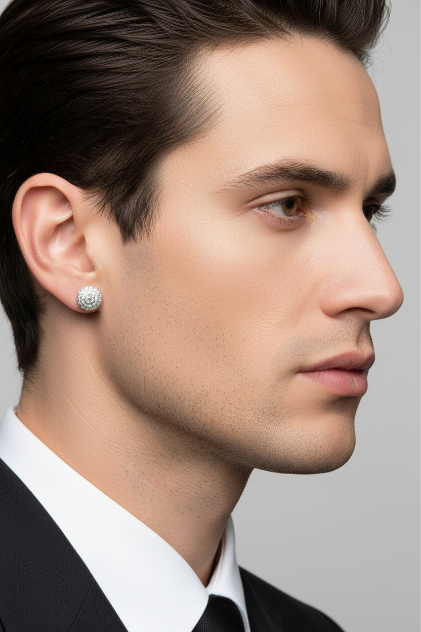 Close-up of a man wearing a diamond earring against a neutral background